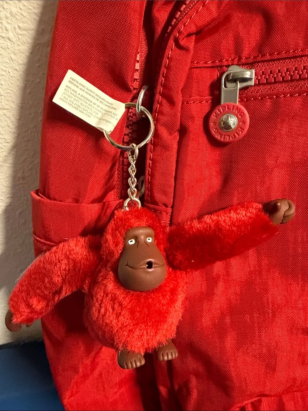 Kipling Bright Red Nylon Backpack with Monkey Charm